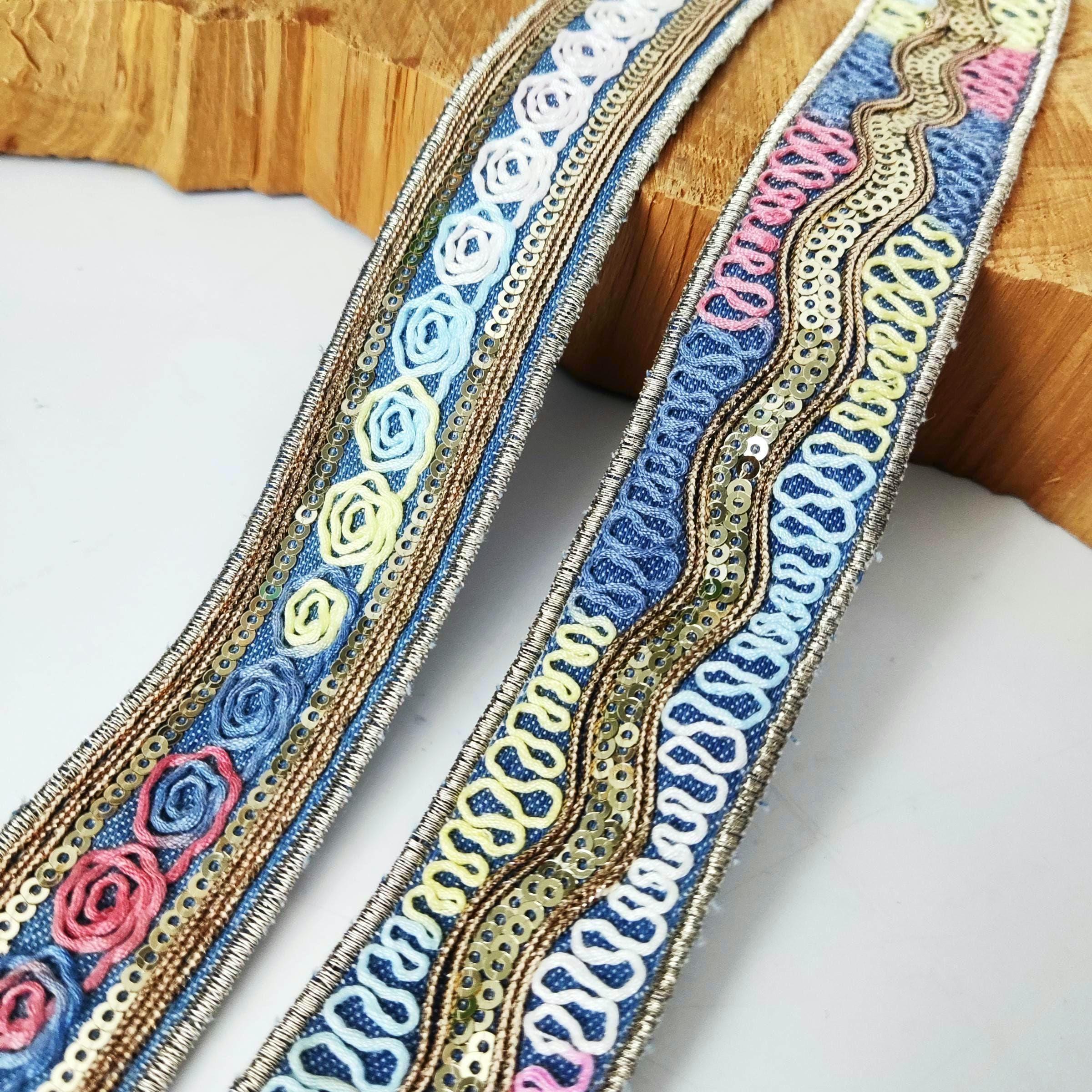 Embroidered Denim Ribbon Trim by the Yard: Pastel Embroidery Sequin ...