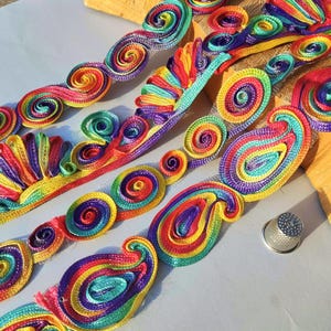 Rainbow Lace Trim: Swirly Rope Embroidery Trim by the Yard, Embroidered Floral Lace Trimmings for Hippie Decor, Upholstery, Carnival Costume
