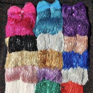 8" Sequin Fringe Trim on Tulle Netting: Sequined Tassel Trimming by the Yard | Dance Costume, Flapper Dress Border, Festival Metallic Edging