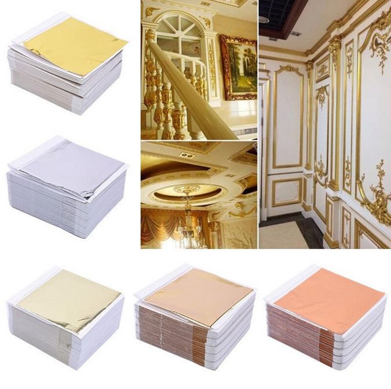 Pu&ograve; includere: Un set di 10 fogli di foglia d'oro in vari colori, tra cui oro, argento e rame. I fogli sono impilati uno sopra l'altro e sono pronti per essere utilizzati a scopo decorativo.