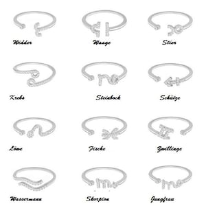 Könnte beinhalten: Zwölf silberne Ringe mit Sternzeichen und Strasssteinen. Die Symbole sind Widder, Waage, Stier, Krebs, Steinbock, Schütze, Löwe, Fische, Zwillinge, Wassermann, Skorpion und Jungfrau.
