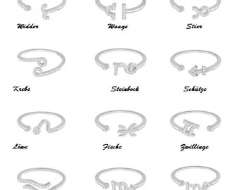 Può includere: Dodici anelli d'argento con simboli zodiacali e strass. I simboli sono Ariete, Bilancia, Toro, Cancro, Capricorno, Sagittario, Leone, Pesci, Gemelli, Acquario, Scorpione e Vergine.
