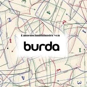 Peut inclure: Un patron de couture Burda vintage avec un fond blanc et des lignes noires. Le texte "Damenschnittmuster von Burda" est imprimé en noir.