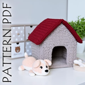 Virkmönster för hund i hundkoja PDF, virkad corgi i hundkoja, virkmönster för amigurumi-hund PDF