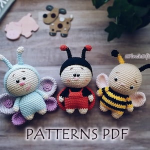 Mini Friends crochet PATTERNS set; 3 crochet patterns PDF: ladybird, bee, butterfly