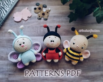 Mini Friends crochet PATTERNS set; 3 crochet patterns PDF: ladybird, bee, butterfly