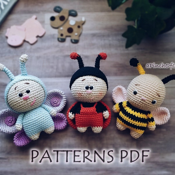 Mini Friends crochet PATTERNS set; 3 crochet patterns PDF: ladybird, bee, butterfly
