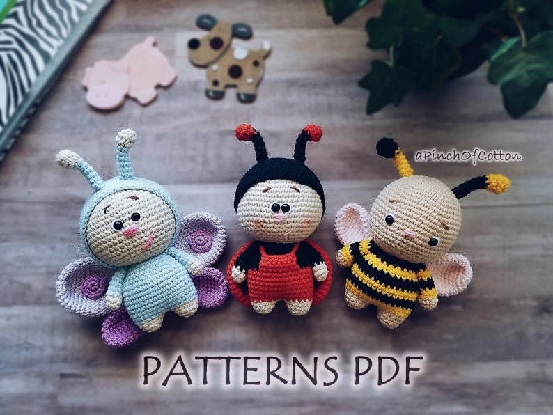 Mini Friends crochet PATTERNS set 3 crochet patterns PDF: ladybird, bee, butterfly image 1