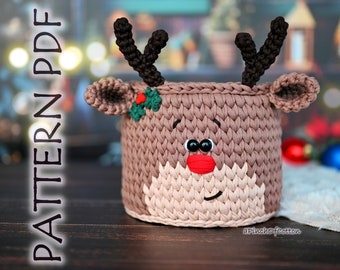 Reindeer basket crochet PATTERN PDF, crochet basket, reindeer basket pattern, Christmas home decor