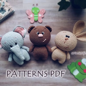 Mini Friends crochet PATTERNS set; 3 crochet patterns PDF: teddy bear, bunny, elephant