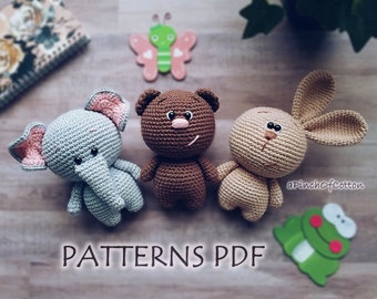 Mini Friends crochet PATTERNS set; 3 crochet patterns PDF: teddy bear, bunny, elephant