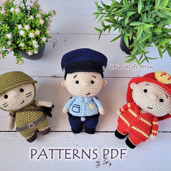 Fireman, Policeman, Soldier Crochet Patterns Bundle; 3 in 1 Amigurumi Toys, PDF Tutorial