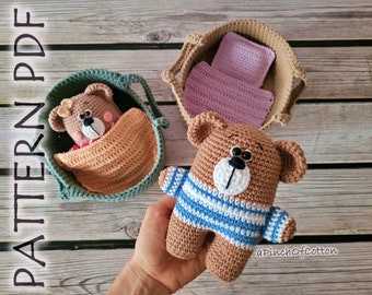 Bear crochet PATTERN, crochet bear with basket and bedding, amigurumi bear crochet pattern PDF