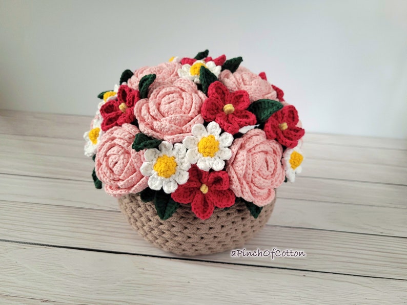 Flower bouquet PATTERN, crochet flower pattern PDF, basket full of flowers crochet pattern image 4