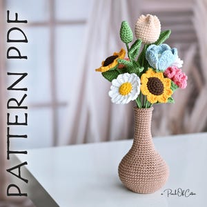 Patrón de ramo de flores a crochet, ramo de flores a crochet con jarrón (patrón en PDF)