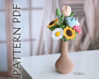 Crochet Flower Bouquet Pattern, DIY Crochet Bouquet with Vase (PDF Pattern)