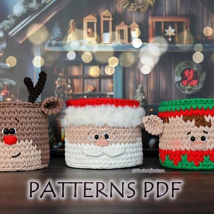 Crochet Christmas Basket Patterns – Santa, Reindeer, Elf (tutorial PDF)