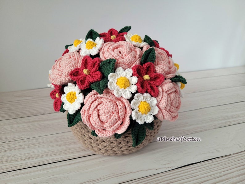 Flower bouquet PATTERN, crochet flower pattern PDF, basket full of flowers crochet pattern image 5