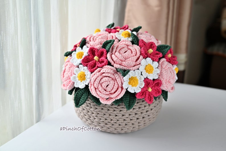 Flower bouquet PATTERN, crochet flower pattern PDF, basket full of flowers crochet pattern image 2