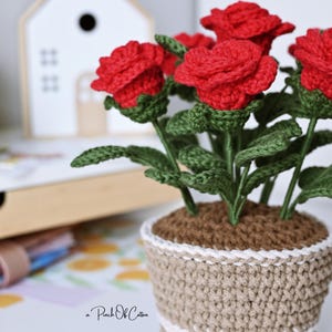 Virkad ros i kruka-mönster, virkad blomma, heminredning, amigurumi-växt (PDF-mönster) bild 5