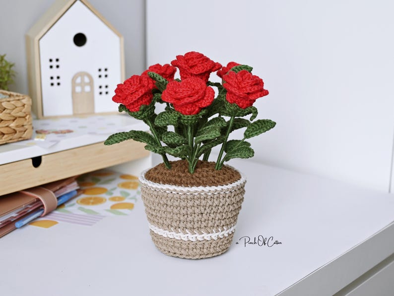 Virkad ros i kruka-mönster, virkad blomma, heminredning, amigurumi-växt (PDF-mönster) bild 3
