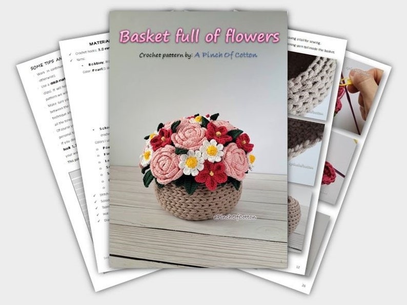 Flower bouquet PATTERN, crochet flower pattern PDF, basket full of flowers crochet pattern image 7