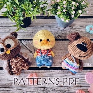 Mini Friends crochet PATTERNS set; 3 crochet PATTERNS PDF: dog, duck, owl