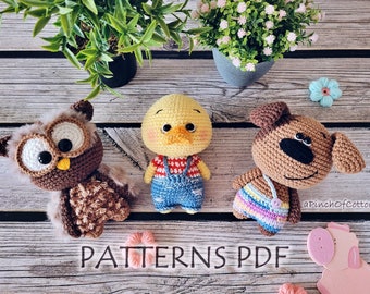 Mini Friends crochet PATTERNS set; 3 crochet PATTERNS PDF: dog, duck, owl