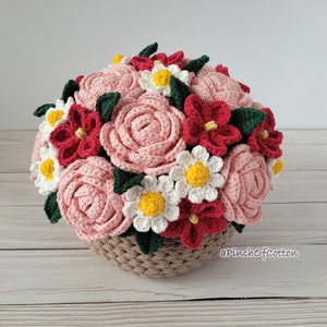 Flower bouquet PATTERN, crochet flower pattern PDF, basket full of flowers crochet pattern image 6