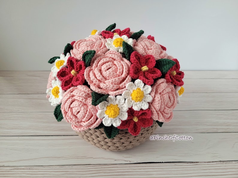 Flower bouquet PATTERN, crochet flower pattern PDF, basket full of flowers crochet pattern image 6