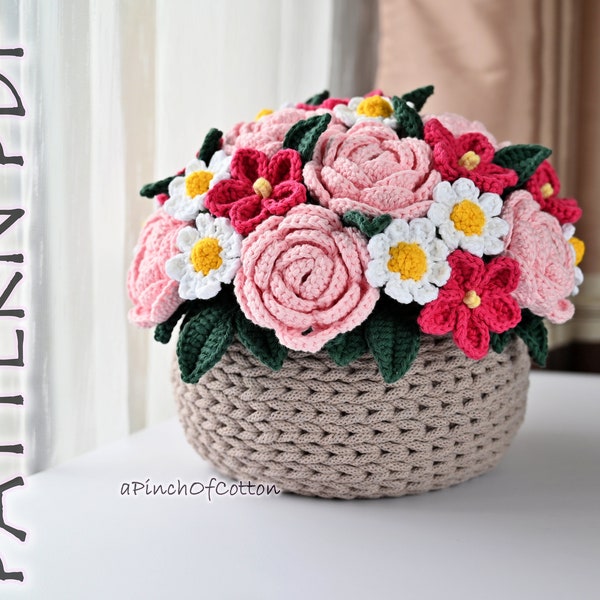 Flower bouquet PATTERN, crochet flower pattern PDF, basket full of flowers crochet pattern