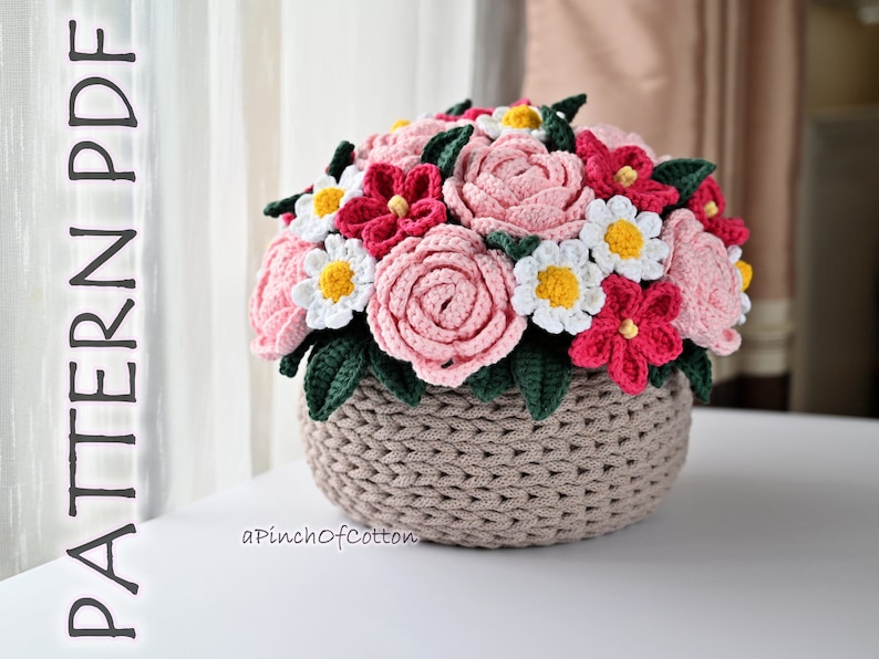 Flower bouquet PATTERN, crochet flower pattern PDF, basket full of flowers crochet pattern image 1