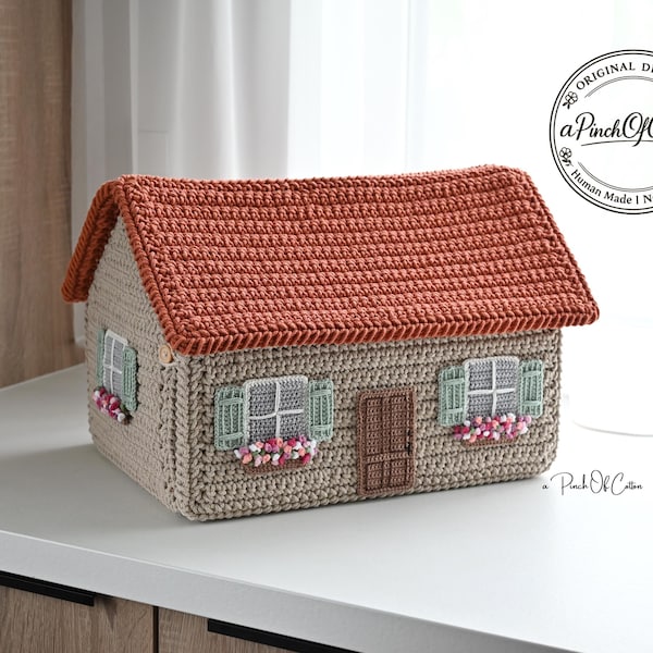Crochet house basket pattern PDF | Cottage storage box | Crochet organizer | Home décor basket