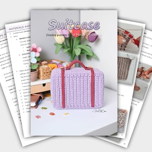 May include: A crochet pattern for a suitcase, with the title "Suitcase" in a whimsical font. The suitcase is lavender with red accents and a handle. Accompanying pages show instructions and materials. The pattern is by "A Pinch Of Cotton."