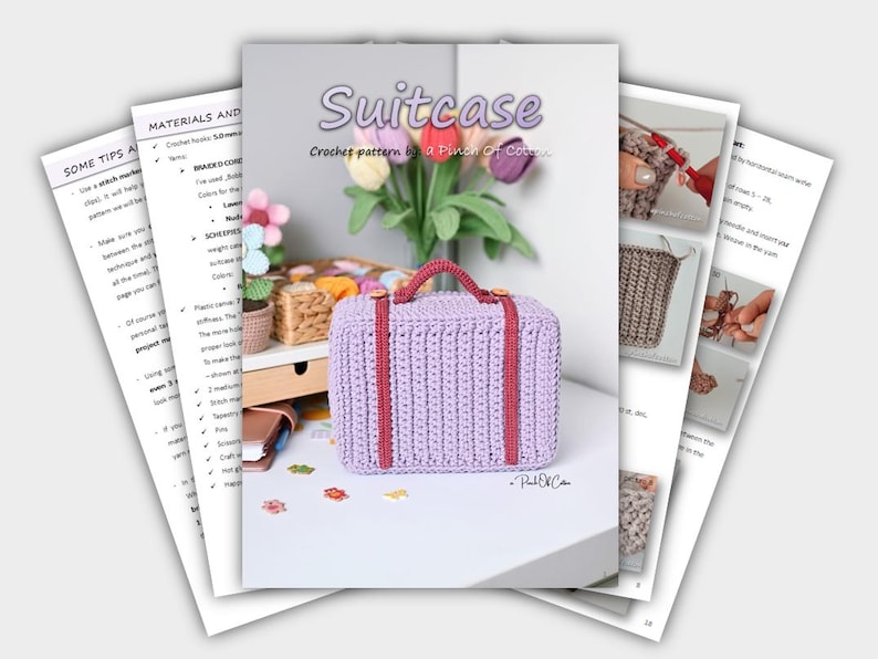 May include: A crochet pattern for a suitcase, with the title "Suitcase" in a whimsical font. The suitcase is lavender with red accents and a handle. Accompanying pages show instructions and materials. The pattern is by "A Pinch Of Cotton."