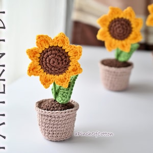 鉢植えのひまわりのかぎ針編みパターン、かぎ針編みのひまわりのパターン PDF、鉢植えのミニひまわりのかぎ針編みパターン PDF