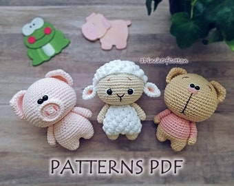 Mini Friends crochet PATTERNS set; 3 crochet patterns PDF: piggy, sheep, cat