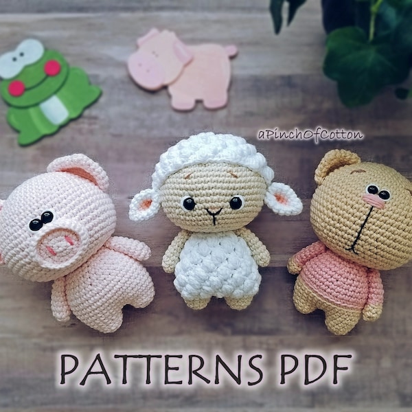 Mini Friends crochet PATTERNS set; 3 crochet patterns PDF: piggy, sheep, cat