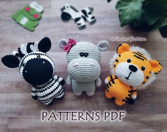 Mini Friends crochet PATTERNS set; 3 crochet patterns PDF: hippo, zebra, tiger