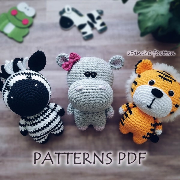 Mini Friends crochet PATTERNS set; 3 crochet patterns PDF: hippo, zebra, tiger