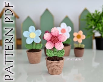 Flowers BUNDLE crochet PATTERNS, 3 crochet flower variations patterns PDF, crochet flower in a pot pattern for home decor