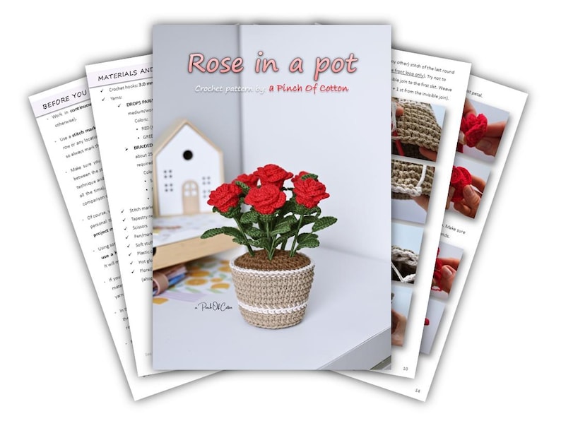 Virkad ros i kruka-mönster, virkad blomma, heminredning, amigurumi-växt (PDF-mönster) bild 6