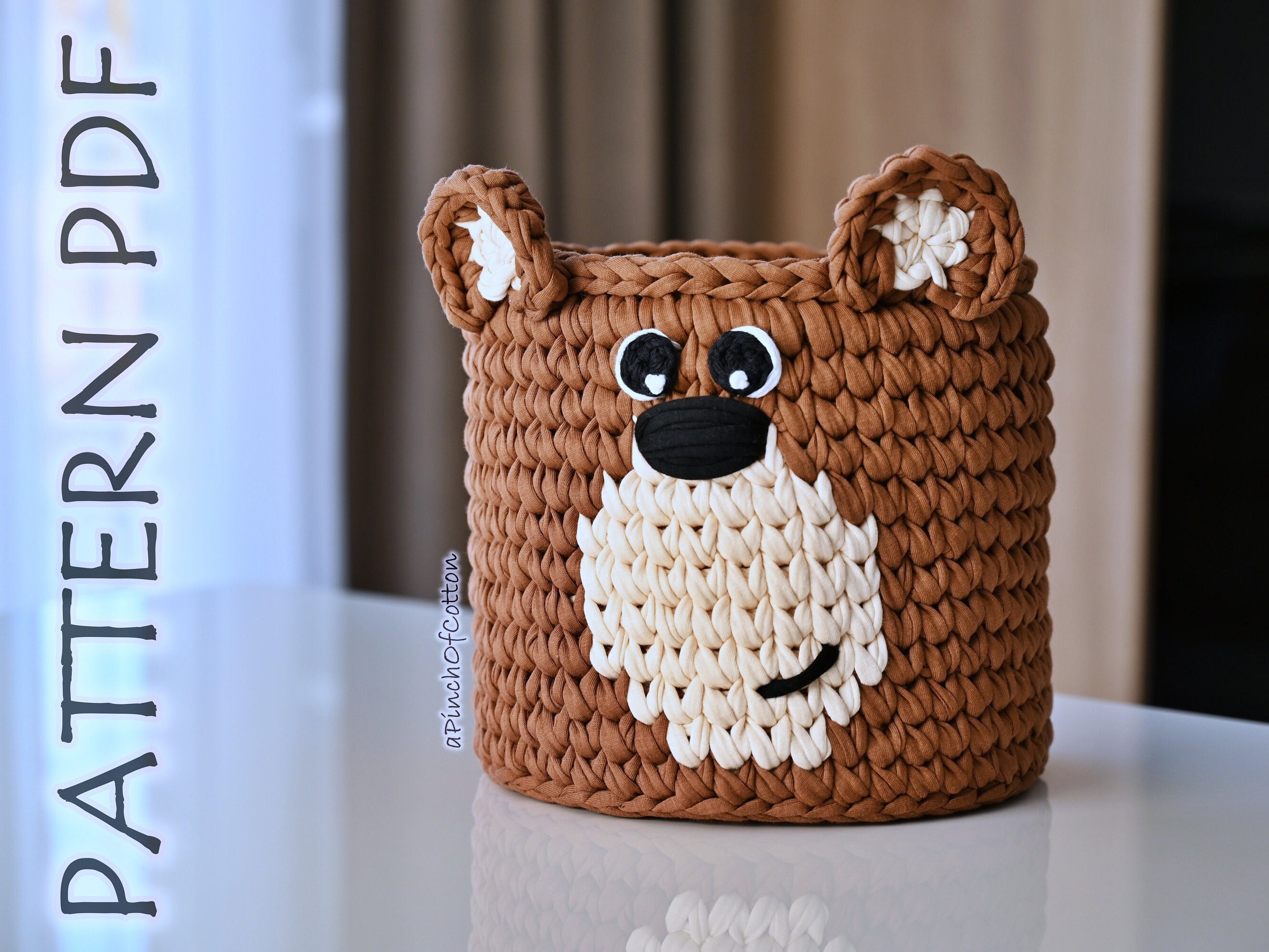 Beige Bear Basket, Crochet Basket, Bear Nursery Decor 