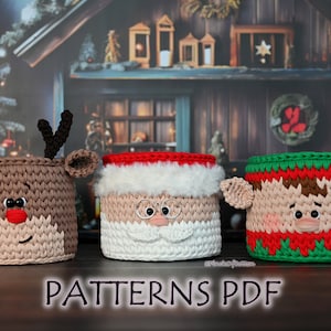 Christmas baskets - crochet PATTERNS set; 3 crochet basket patterns PDF: Reindeer, Elf, Santa Claus; Christmas home decor baskets