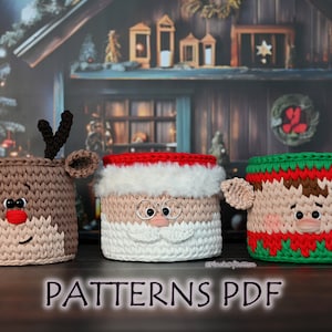 クリスマスバスケット - かぎ針編みパターンセット; かぎ針編みバスケットパターン 3 点 PDF: トナカイ、エルフ、サンタクロース; クリスマスホームデコレーションバスケット