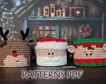 クリスマスバスケット - かぎ針編みパターンセット; 3つのかぎ針編みバスケットパターンPDF: トナカイ、エルフ、サンタクロース; クリスマスホームデコレーションバスケット