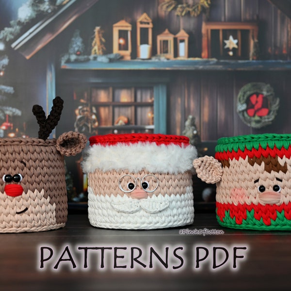 Christmas baskets - crochet PATTERNS set; 3 crochet basket patterns PDF: Reindeer, Elf, Santa Claus; Christmas home decor baskets