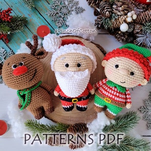May include: Crochet patterns for a reindeer, Santa Claus, and an elf. The patterns are available as a PDF download. The image shows the finished crocheted toys.