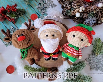 May include: Crochet patterns for a reindeer, Santa Claus, and an elf. The patterns are available as a PDF download. The image shows the finished crocheted toys.