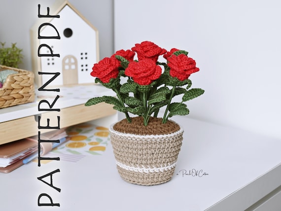 Crochet Rose in a Pot Pattern, Crochet Flower, Home Decor, Amigurumi Plant (PDF Pattern)